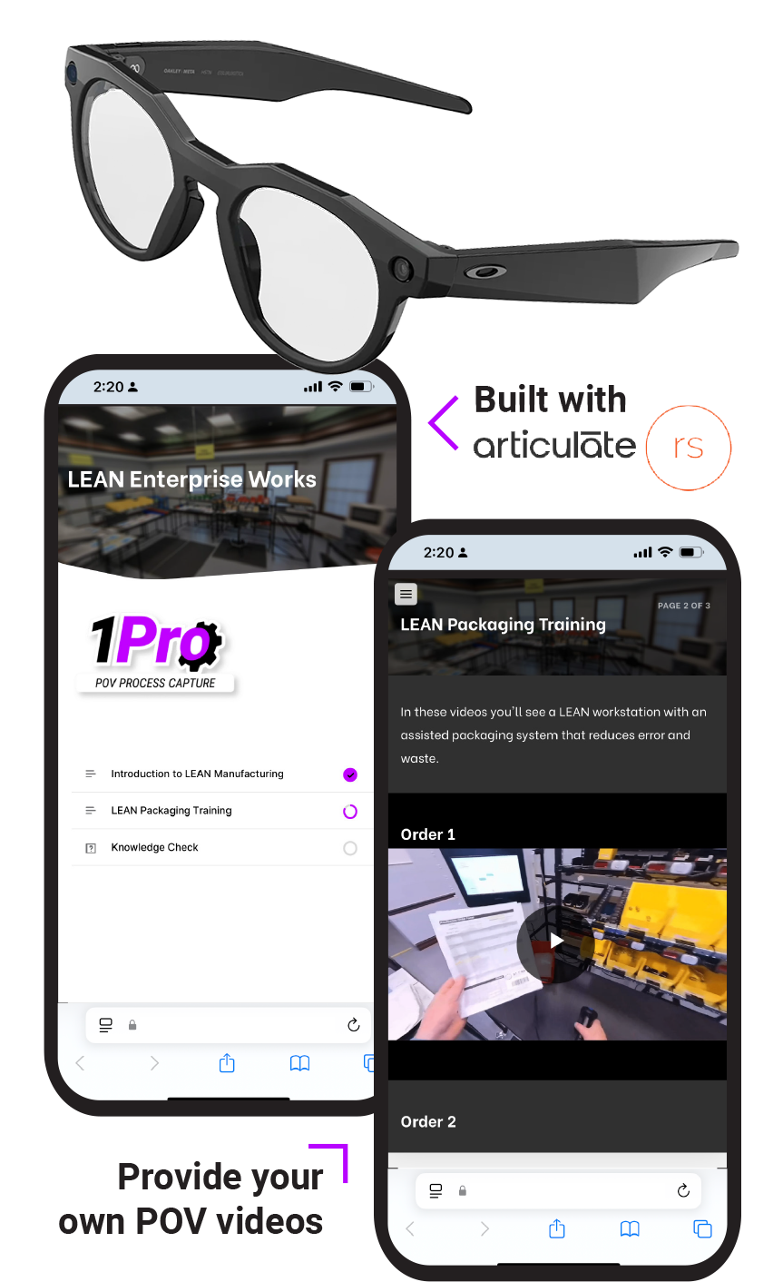 1Pro Lite running on mobile alongside Meta smart glasses, built with Articulate Rise