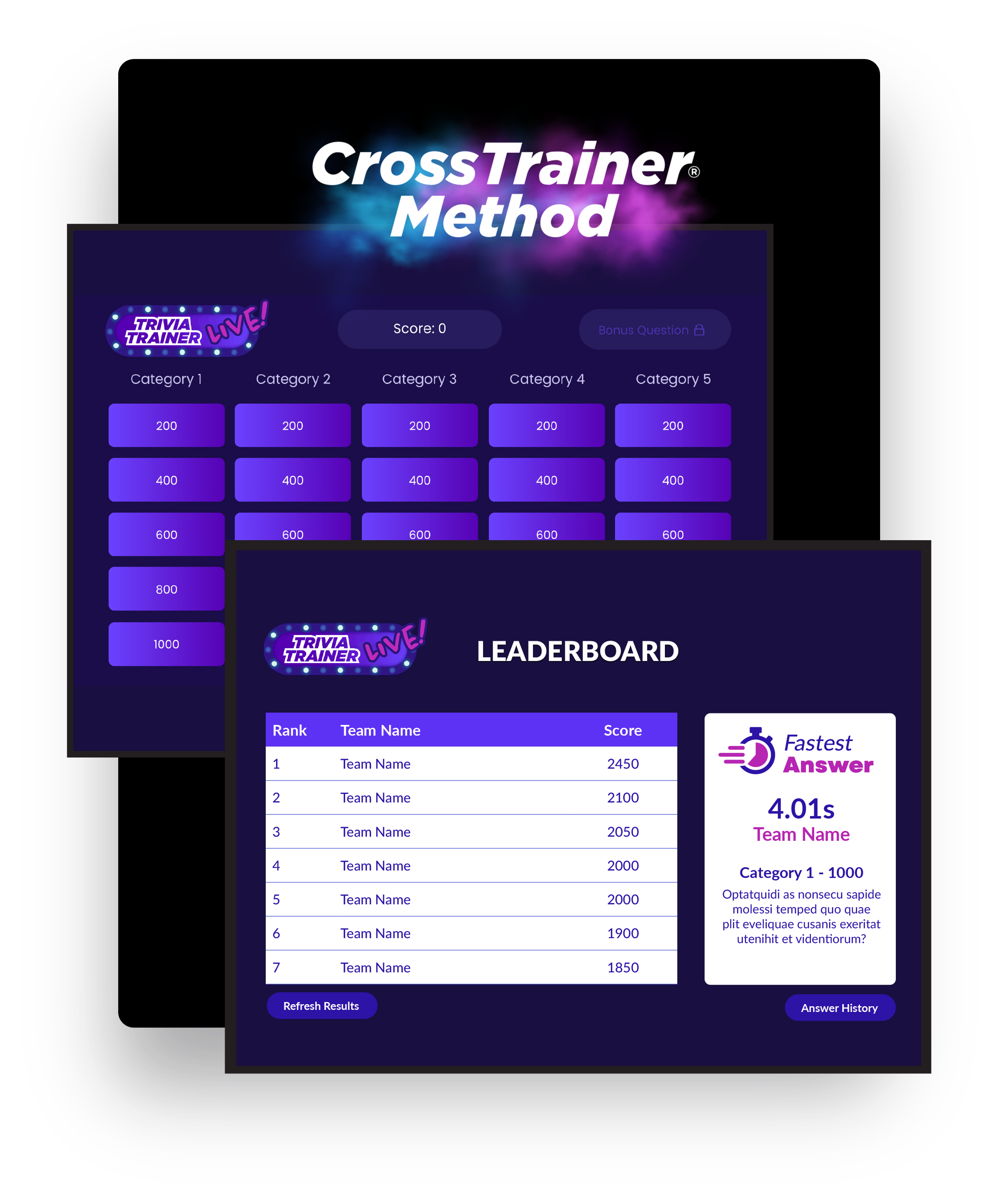 Trivia Trainer Live: game board and leaderboard mockup